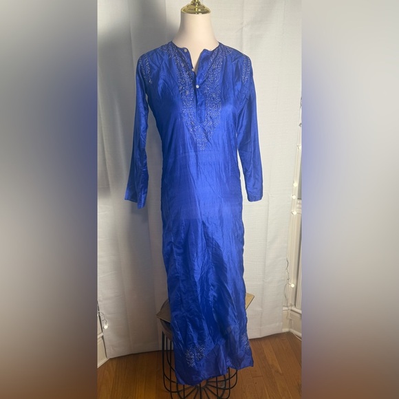 Silk Blue Kurta with Embroidery - Picture 1 of 7